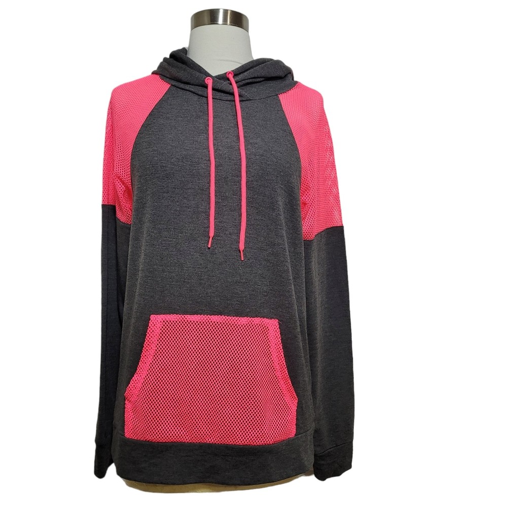 Material Girl Gray Neon Pink Mesh Hoodie Long Sleeve Sweatshirt Size Medium